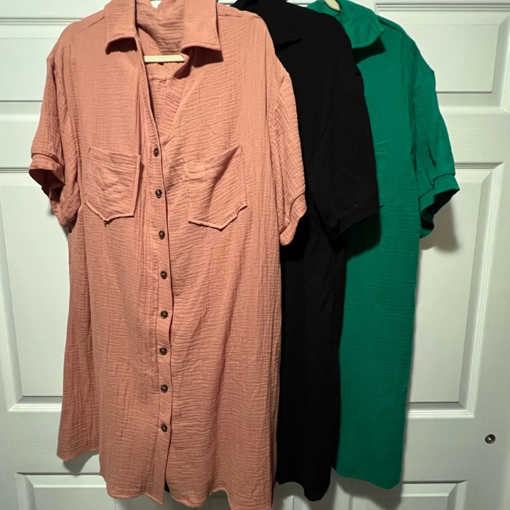 Bundle of Button Down Shirt Dresses - Coral, Black, Emerald. Set of all 3 - Picture 1 of 4